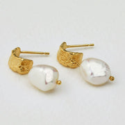 Gold Vermeil & Baroque Pearl Drop Earrings - "Bark Huggie"