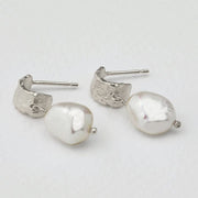 Sterling Silver & Baroque Pearl Drop Earrings - "Bark Huggie"