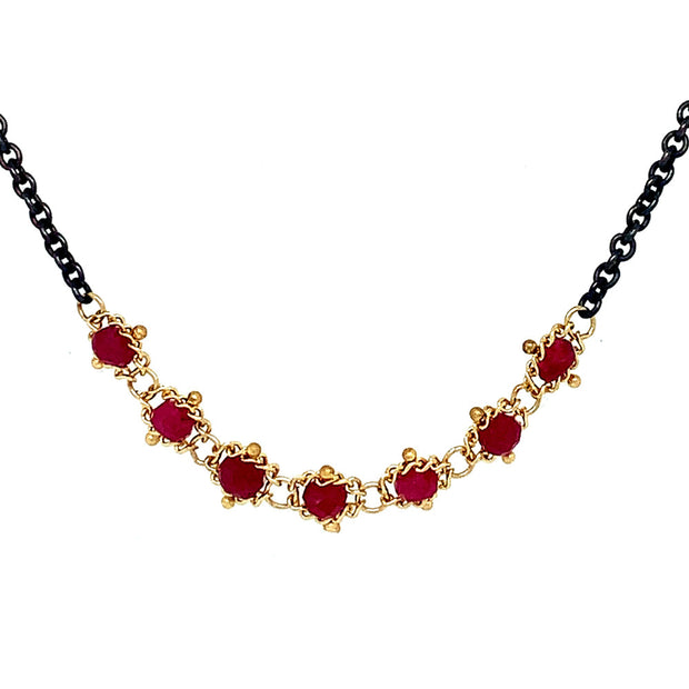 Faceted Ruby and Chain Necklace - "Woven Ruby"