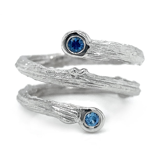 White Gold & Yogo Sapphire Olive Branch Coil Ring- "Of Blue and White"
