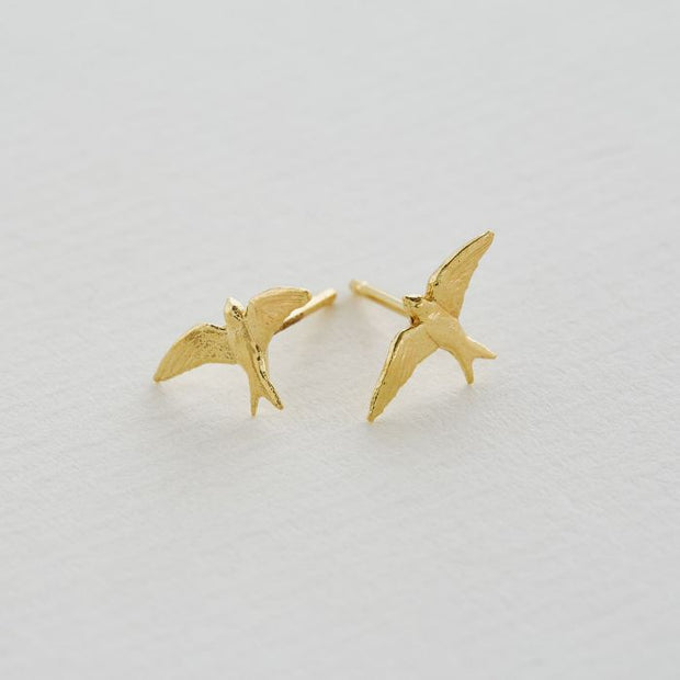 18K Yellow Gold Stud Earrings - "Teeny Tiny Swallows"